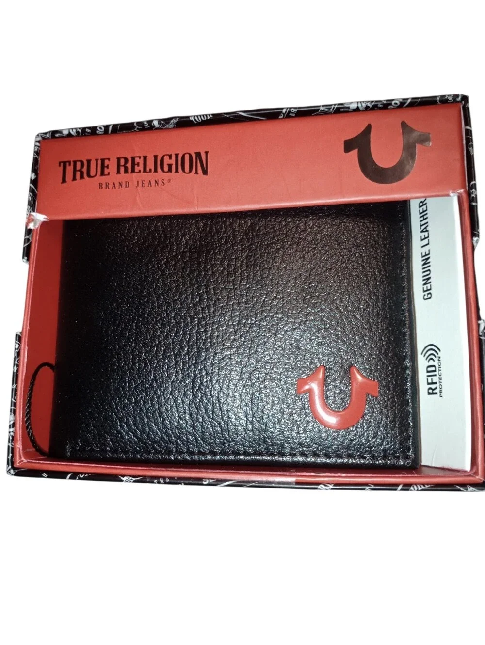 True Religion Black Leather Wallet with Red Horseshoe Logo, Gift Boxed, NWT